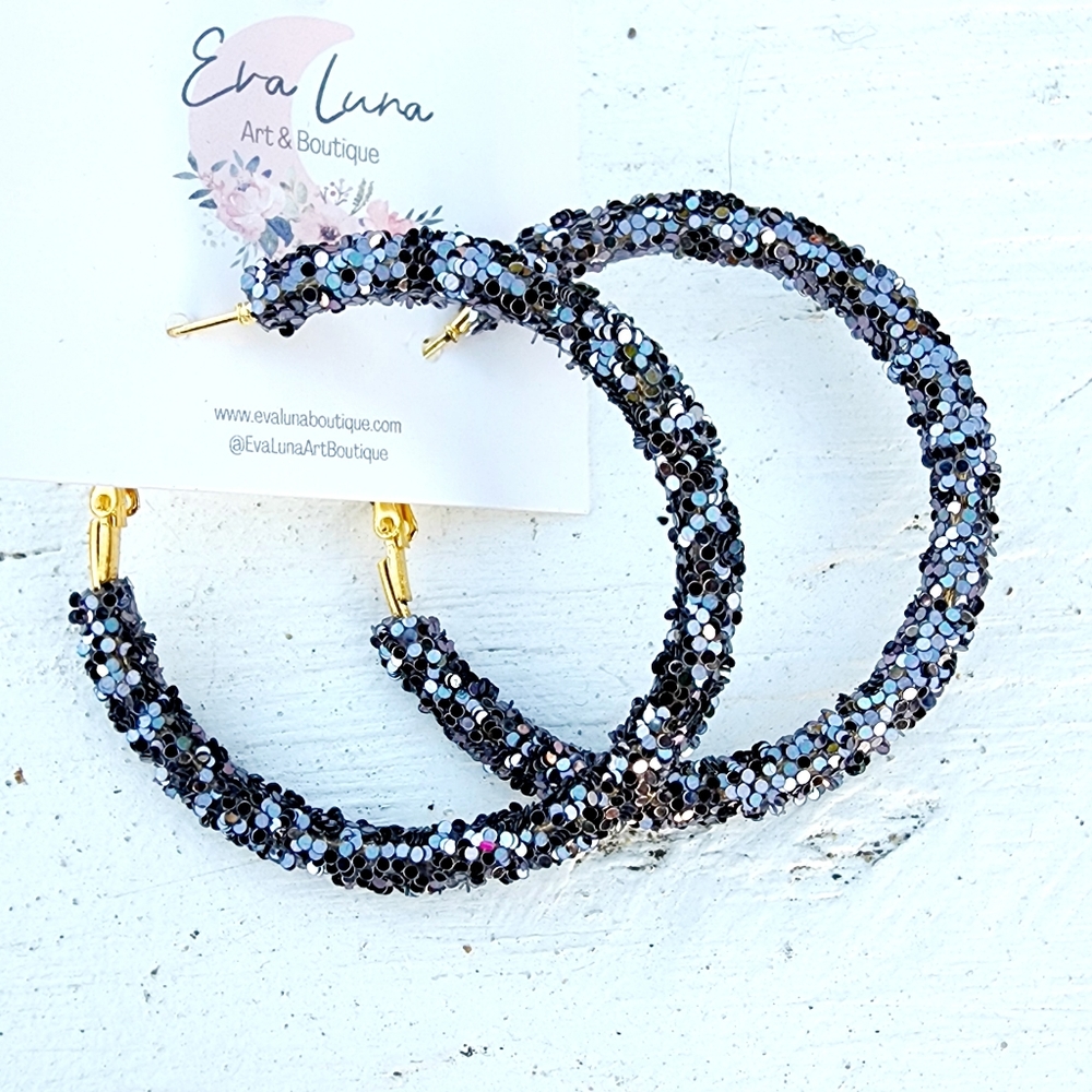 Blue sparkle incrusted large hoop pierce clasp earrings